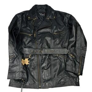 Real Leather Jacket Large Black Cafe Racer Moto Biker Zip Stand Collar Classic